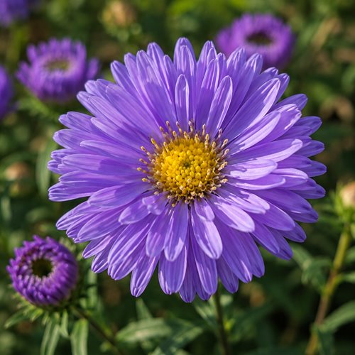 Aster nowobelgijski Marie Ballard – pełne niebieskolawendowe kwiaty